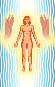 Healing hands sweeping through the physical body to integrate all the parts of the body.